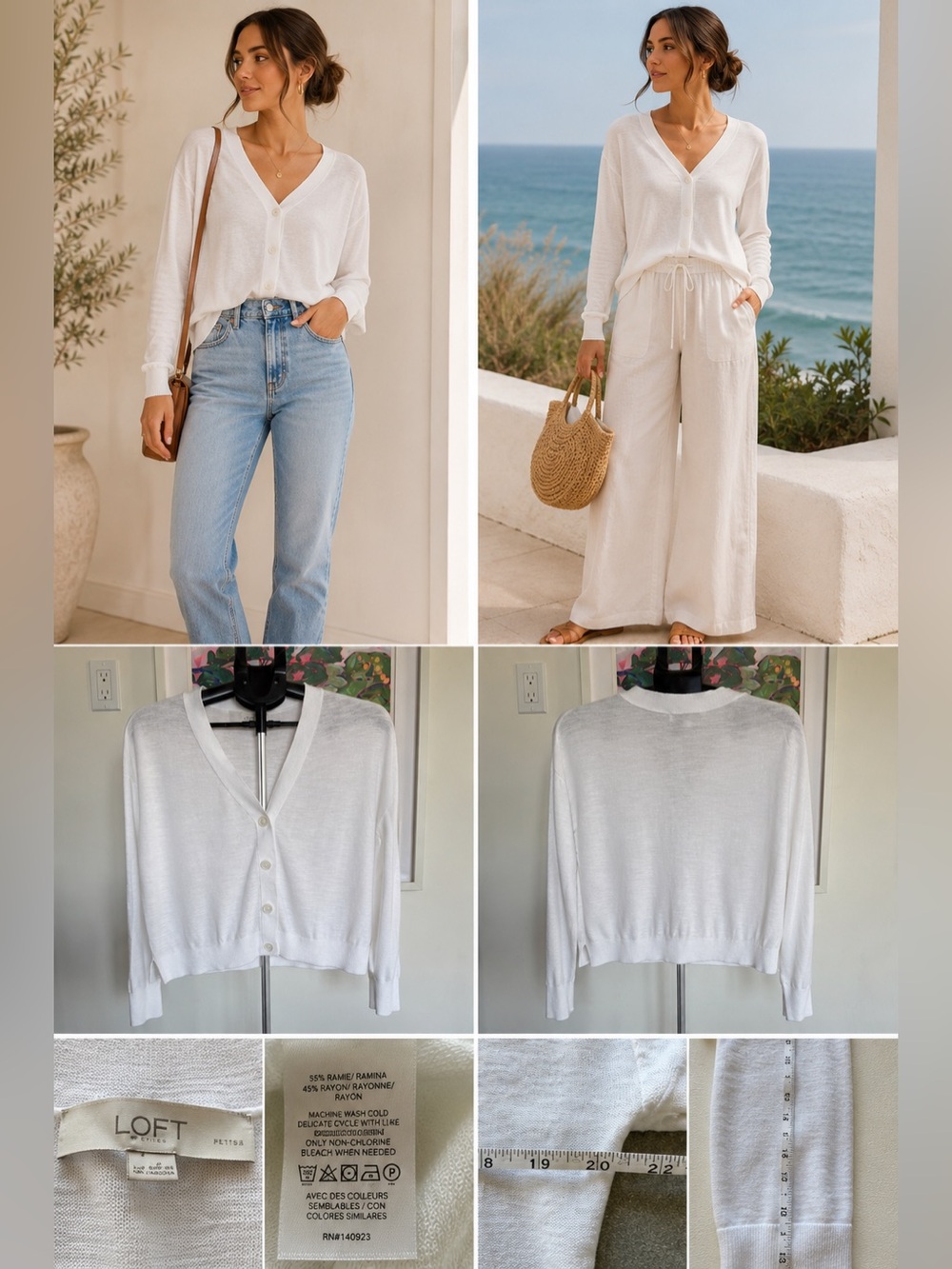 LOFT Petite White Ramie Blend V-Neck Cardigan Lightweight Summer Layer LP